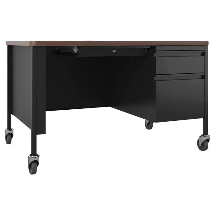Price Cut Lorell Fortress Series Walnut Top Teacher's Desk, Right Pedestal, Mobile, 48 x 30 x 29-1/2 Inches, Walnut/Black